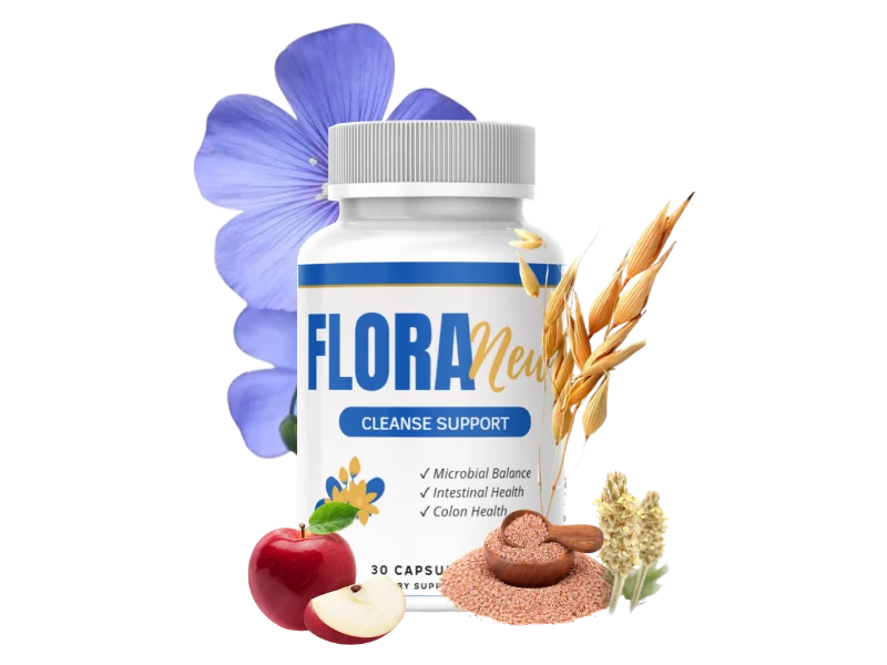 FloraNew cleanse support bottle with flax flower, oats, apple and milled seed