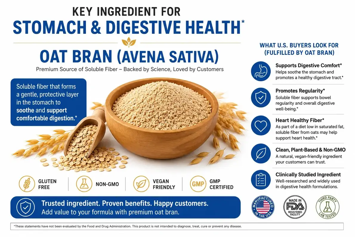 Oat bran (Avena sativa) prebiotic soluble fibre ingredient panel supplied with the FloraNew product media